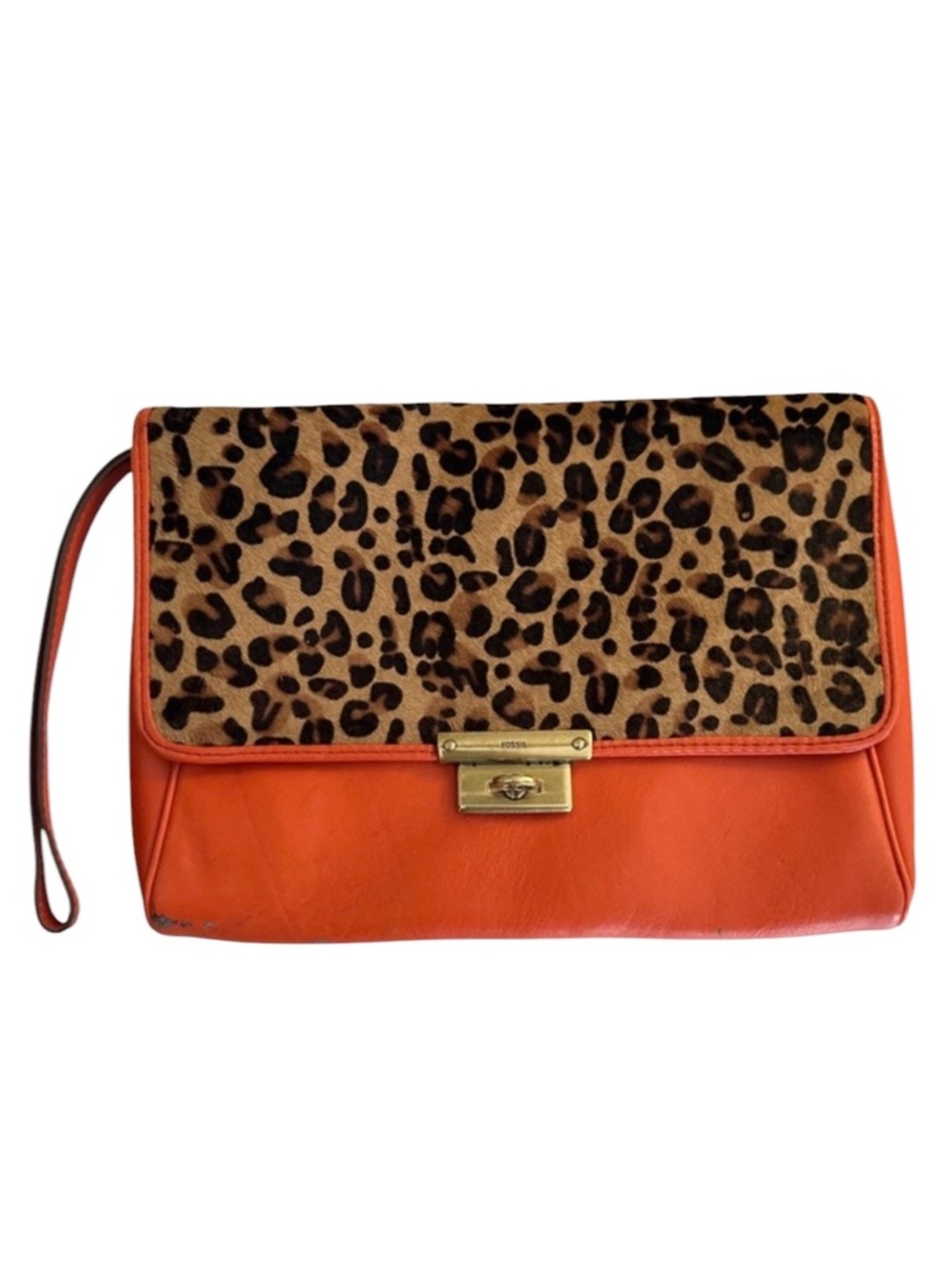 Fossil Leather‎ Orange Leopard Print Wristlet  Clutch Purse